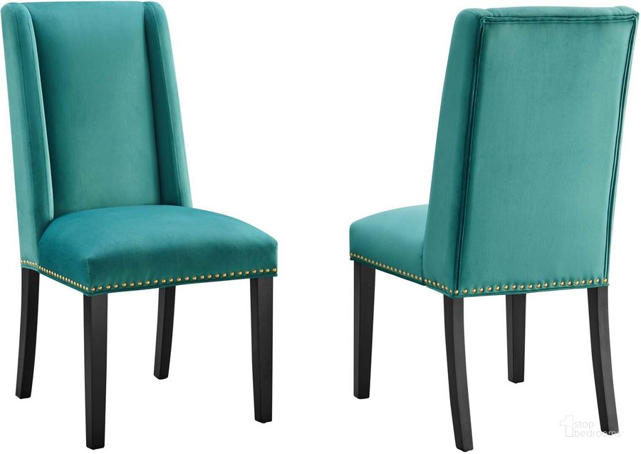 The appearance of Baron Performance Velvet Dining Chair Set Of 2 In Teal designed by Modway in the modern / contemporary interior design. This teal piece of furniture  was selected by 1StopBedrooms from Baron Collection to add a touch of cosiness and style into your home. Sku: EEI-5012-TEA. Material: Wood. Product Type: Dining Chair. Image1