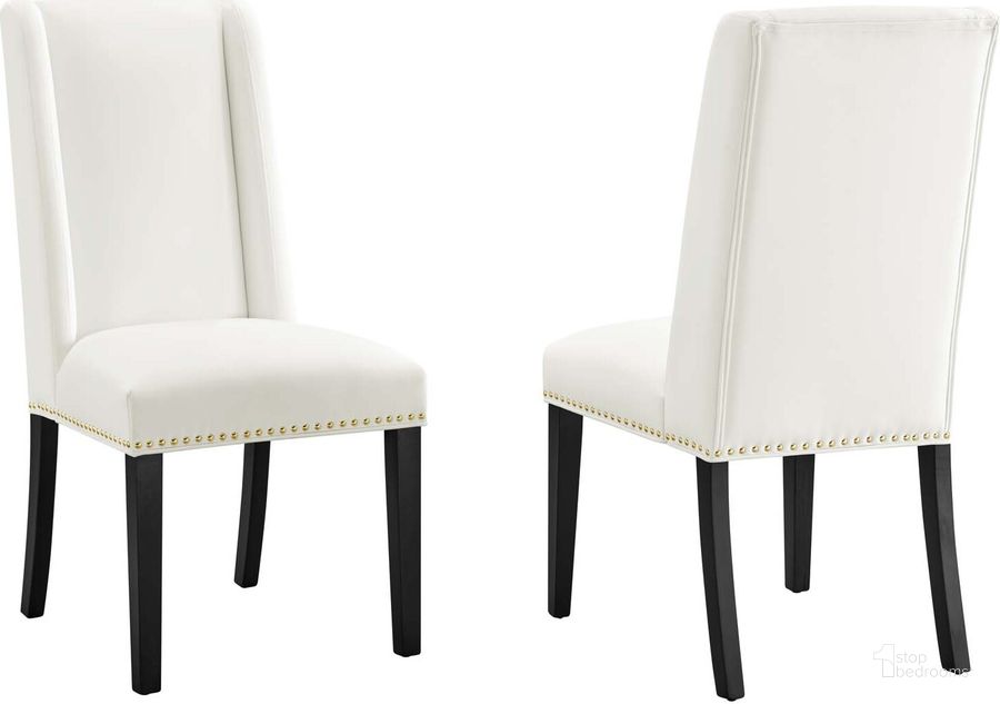 The appearance of Baron Performance Velvet Dining Chair Set Of 2 In White designed by Modway in the modern / contemporary interior design. This white piece of furniture  was selected by 1StopBedrooms from Baron Collection to add a touch of cosiness and style into your home. Sku: EEI-5012-WHI. Material: Wood. Product Type: Dining Chair. Image1