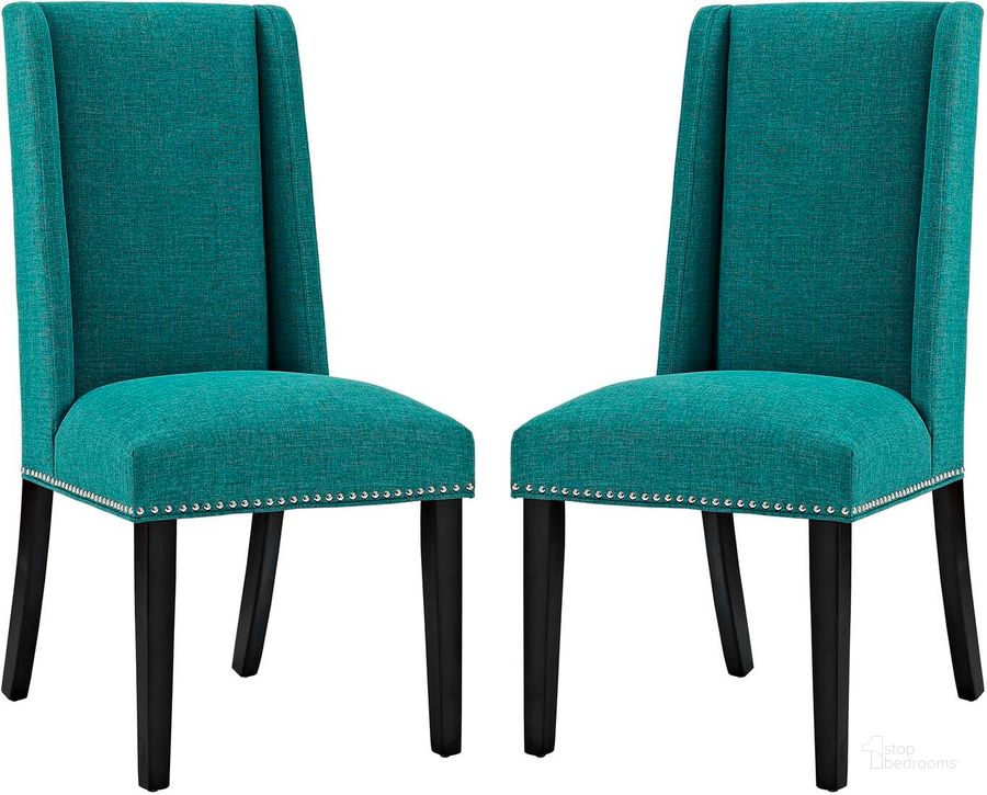 The appearance of Baron Teal Dining Chair Fabric Set of 2 designed by Modway in the modern / contemporary interior design. This teal piece of furniture  was selected by 1StopBedrooms from Baron Collection to add a touch of cosiness and style into your home. Sku: EEI-2748-TEA-SET. Material: Wood. Product Type: Dining Chair. Image1