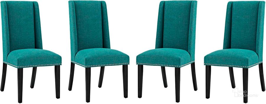 The appearance of Baron Teal Dining Chair Fabric Set of 4 designed by Modway in the modern / contemporary interior design. This teal piece of furniture  was selected by 1StopBedrooms from Baron Collection to add a touch of cosiness and style into your home. Sku: EEI-3503-TEA. Material: Wood. Product Type: Dining Chair. Image1