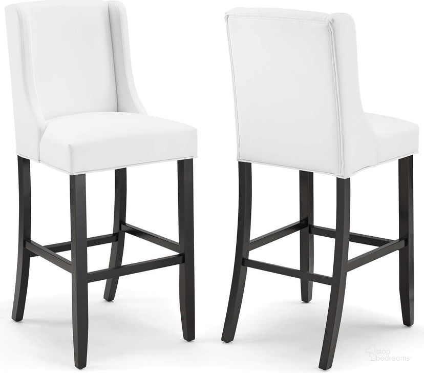 The appearance of Baron White Bar Stool Faux Leather Set of 2 designed by Modway in the modern / contemporary interior design. This white piece of furniture  was selected by 1StopBedrooms from Baron Collection to add a touch of cosiness and style into your home. Sku: EEI-4019-WHI. Material: MDF. Product Type: Barstool. Image1