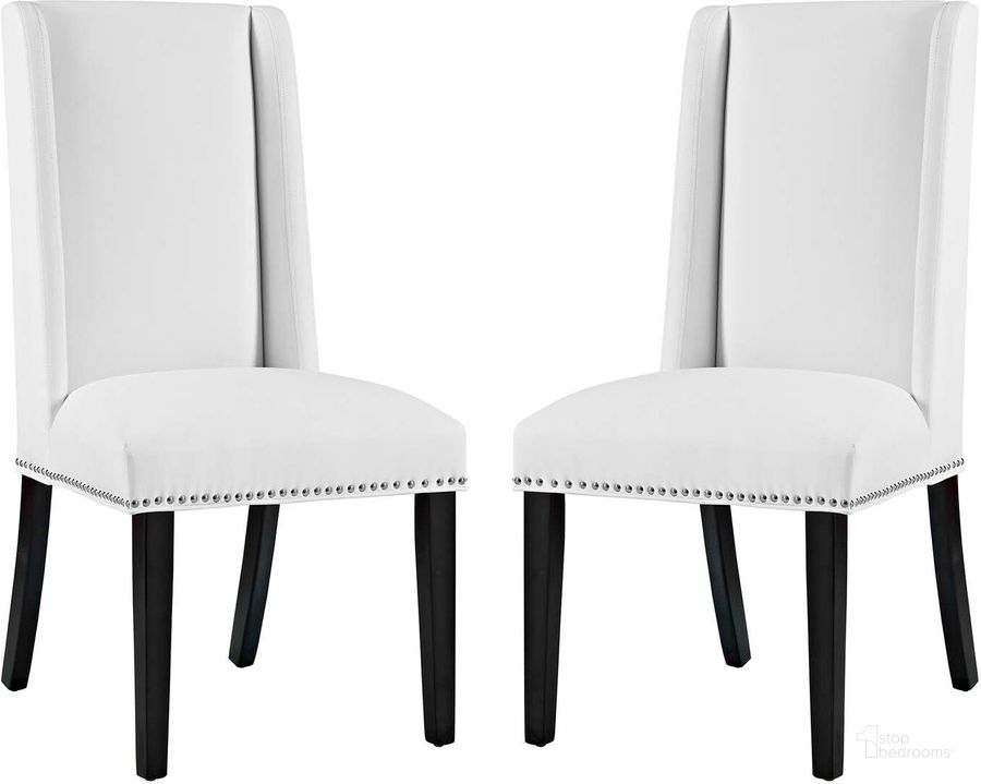 The appearance of Baron White Dining Chair Vinyl Set of 2 designed by Modway in the modern / contemporary interior design. This white piece of furniture  was selected by 1StopBedrooms from Baron Collection to add a touch of cosiness and style into your home. Sku: EEI-2747-WHI-SET. Product Type: Dining Chair. Material: Plywood. Image1