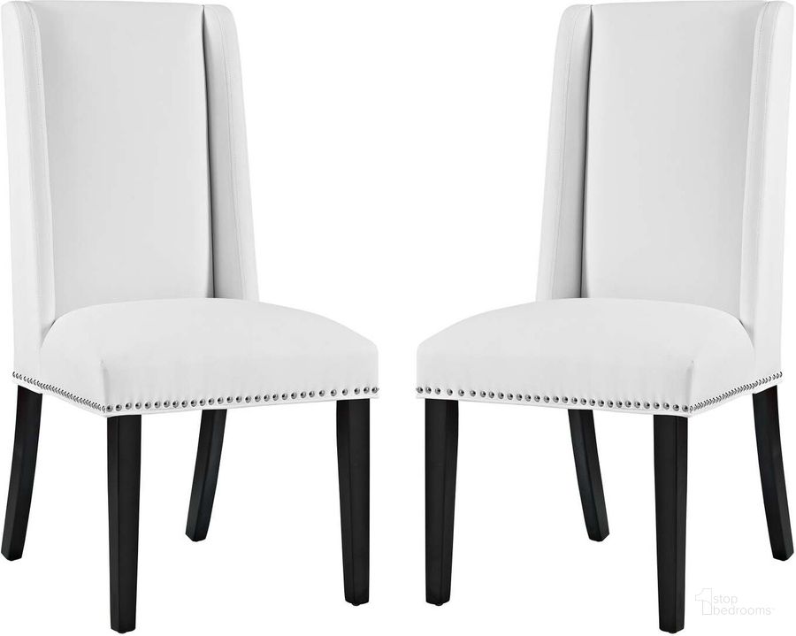 The appearance of Baron White Dining Chair Vinyl Set of 2 designed by Modway in the modern / contemporary interior design. This white piece of furniture  was selected by 1StopBedrooms from Baron Collection to add a touch of cosiness and style into your home. Sku: EEI-2747-WHI-SET. Product Type: Dining Chair. Material: Plywood. Image1