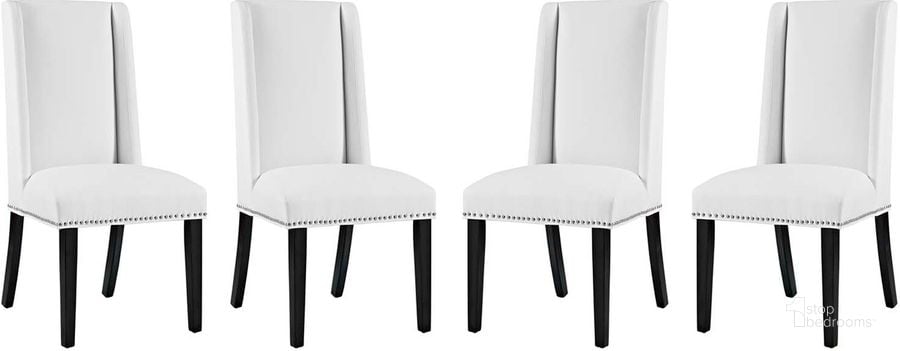 The appearance of Baron White Dining Chair Vinyl Set of 4 designed by Modway in the modern / contemporary interior design. This white piece of furniture  was selected by 1StopBedrooms from Baron Collection to add a touch of cosiness and style into your home. Sku: EEI-3502-WHI. Product Type: Dining Chair. Material: Plywood. Image1