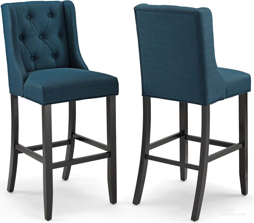 The appearance of Baronet Azure Bar Stool Upholstered Fabric Set of 2 designed by Modway in the modern / contemporary interior design. This azure piece of furniture  was selected by 1StopBedrooms from Baronet Collection to add a touch of cosiness and style into your home. Sku: EEI-4022-AZU. Material: MDF. Product Type: Barstool. Image1