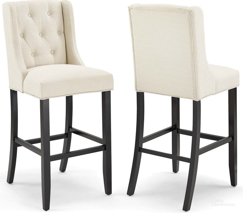 The appearance of Baronet Beige Bar Stool Upholstered Fabric Set of 2 designed by Modway in the modern / contemporary interior design. This beige piece of furniture  was selected by 1StopBedrooms from Baronet Collection to add a touch of cosiness and style into your home. Sku: EEI-4022-BEI. Material: MDF. Product Type: Barstool. Image1