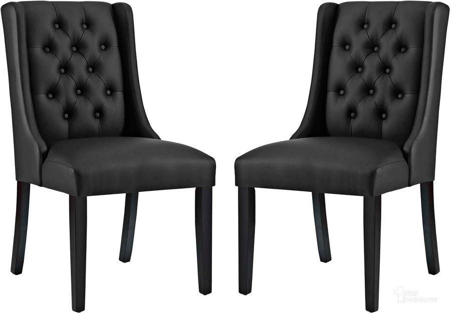 The appearance of Baronet Black Dining Chair Vinyl Set of 2 designed by Modway in the modern / contemporary interior design. This black piece of furniture  was selected by 1StopBedrooms from Baronet Collection to add a touch of cosiness and style into your home. Sku: EEI-3555-BLK. Product Type: Dining Chair. Material: Plywood. Image1