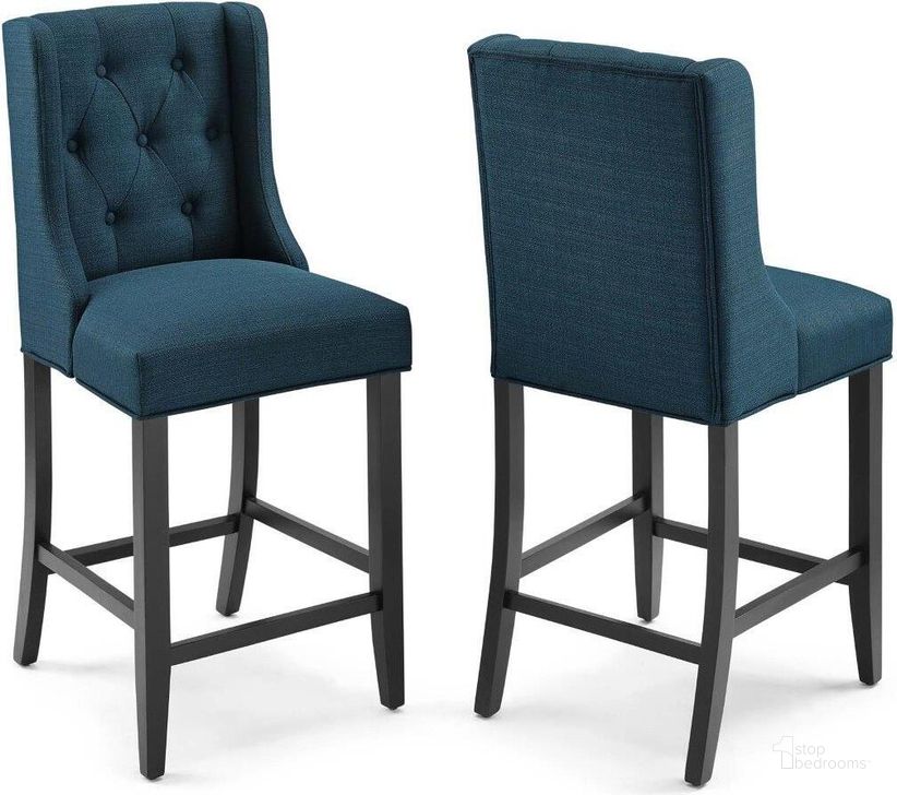 The appearance of Baronet Counter Bar Stool Upholstered Fabric Set of 2 EEI-4020-AZU designed by Modway in the modern / contemporary interior design. This azure piece of furniture  was selected by 1StopBedrooms from Baronet Collection to add a touch of cosiness and style into your home. Sku: EEI-4020-AZU. Material: Wood. Product Type: Barstool. Image1