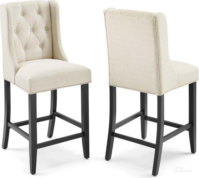 The appearance of Baronet Counter Bar Stool Upholstered Fabric Set of 2 EEI-4020-BEI designed by Modway in the modern / contemporary interior design. This beige piece of furniture  was selected by 1StopBedrooms from Baronet Collection to add a touch of cosiness and style into your home. Sku: EEI-4020-BEI. Material: Wood. Product Type: Barstool. Image1