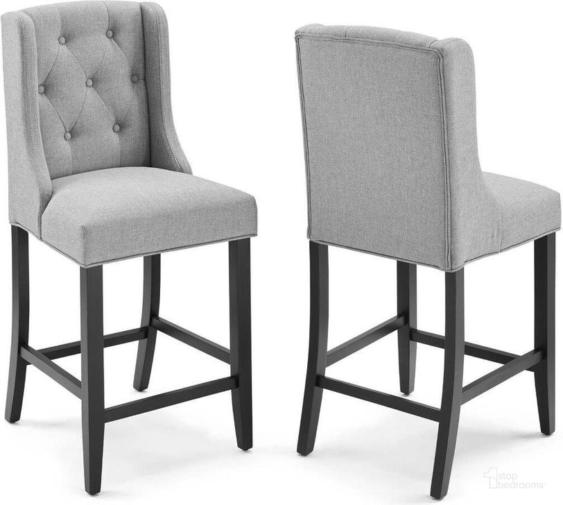 The appearance of Baronet Counter Bar Stool Upholstered Fabric Set of 2 EEI-4020-LGR designed by Modway in the modern / contemporary interior design. This light gray piece of furniture  was selected by 1StopBedrooms from Baronet Collection to add a touch of cosiness and style into your home. Sku: EEI-4020-LGR. Material: Wood. Product Type: Barstool. Image1