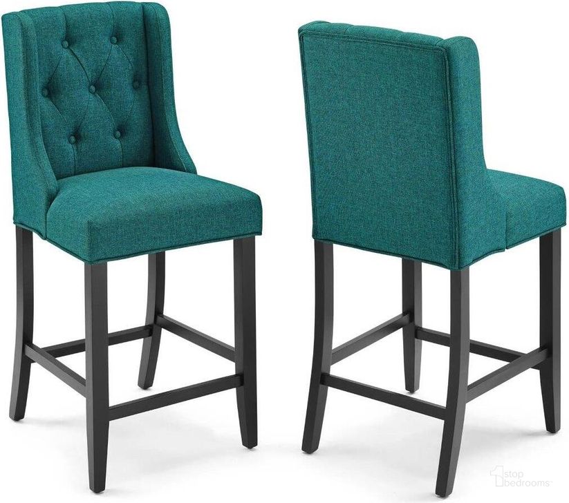 The appearance of Baronet Counter Bar Stool Upholstered Fabric Set of 2 EEI-4020-TEA designed by Modway in the modern / contemporary interior design. This teal piece of furniture  was selected by 1StopBedrooms from Baronet Collection to add a touch of cosiness and style into your home. Sku: EEI-4020-TEA. Material: Wood. Product Type: Barstool. Image1