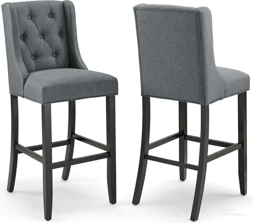 The appearance of Baronet Gray Bar Stool Upholstered Fabric Set of 2 designed by Modway in the modern / contemporary interior design. This gray piece of furniture  was selected by 1StopBedrooms from Baronet Collection to add a touch of cosiness and style into your home. Sku: EEI-4022-GRY. Material: MDF. Product Type: Barstool. Image1