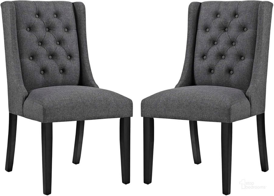 The appearance of Baronet Gray Dining Chair Fabric Set of 2 designed by Modway in the modern / contemporary interior design. This gray piece of furniture  was selected by 1StopBedrooms from Baronet Collection to add a touch of cosiness and style into your home. Sku: EEI-3557-GRY. Product Type: Dining Chair. Material: Plywood. Image1