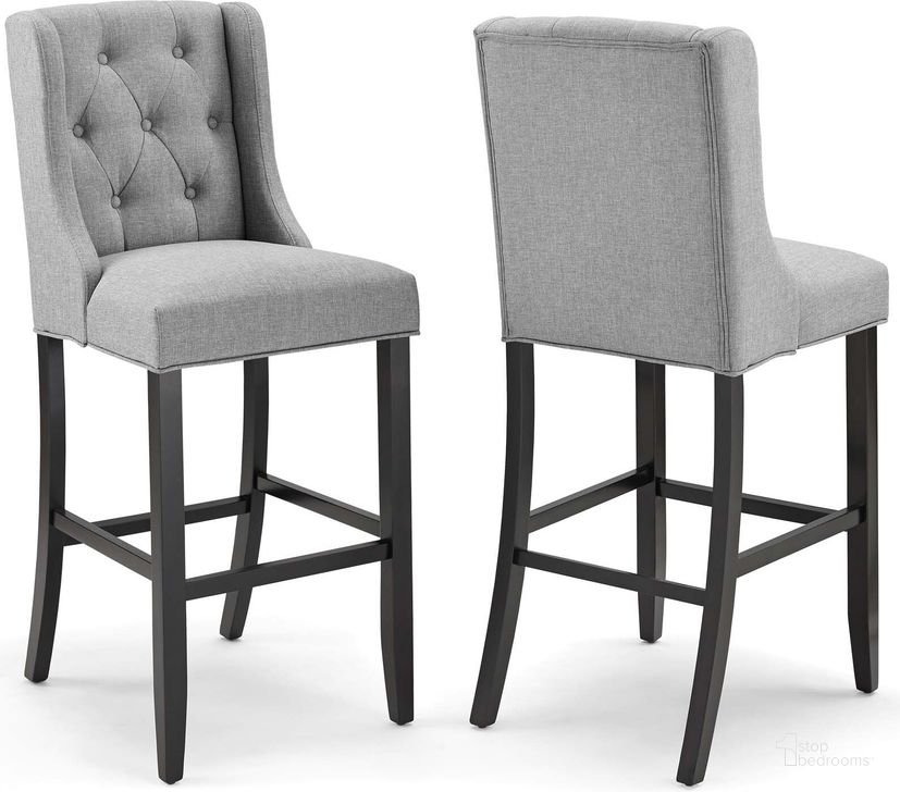 The appearance of Baronet Light Gray Bar Stool Upholstered Fabric Set of 2 designed by Modway in the modern / contemporary interior design. This light gray piece of furniture  was selected by 1StopBedrooms from Baronet Collection to add a touch of cosiness and style into your home. Sku: EEI-4022-LGR. Material: MDF. Product Type: Barstool. Image1