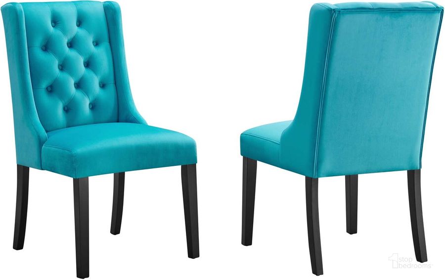 The appearance of Baronet Performance Velvet Dining Chair Set Of 2 In Blue designed by Modway in the modern / contemporary interior design. This blue piece of furniture  was selected by 1StopBedrooms from Baronet Collection to add a touch of cosiness and style into your home. Sku: EEI-5013-BLU. Material: Wood. Product Type: Dining Chair. Image1
