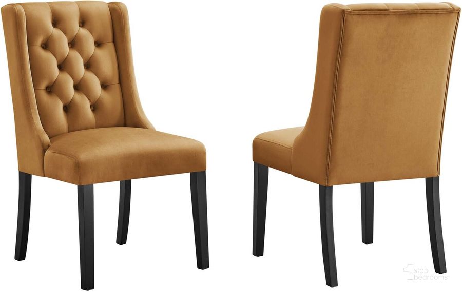 The appearance of Baronet Performance Velvet Dining Chair Set Of 2 In Cognac designed by Modway in the modern / contemporary interior design. This cognac piece of furniture  was selected by 1StopBedrooms from Baronet Collection to add a touch of cosiness and style into your home. Sku: EEI-5013-COG. Material: Wood. Product Type: Dining Chair. Image1