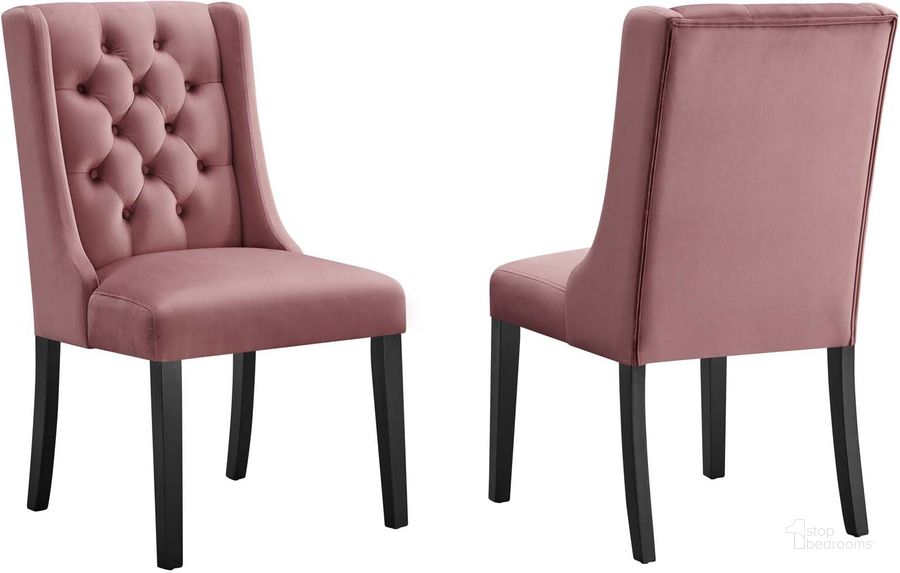 The appearance of Baronet Performance Velvet Dining Chair Set Of 2 In Dusty Rose designed by Modway in the modern / contemporary interior design. This dusty rose piece of furniture  was selected by 1StopBedrooms from Baronet Collection to add a touch of cosiness and style into your home. Sku: EEI-5013-DUS. Material: Wood. Product Type: Dining Chair. Image1