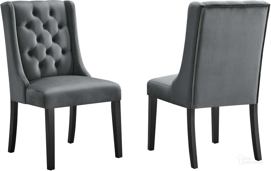The appearance of Baronet Performance Velvet Dining Chair Set Of 2 In Gray designed by Modway in the modern / contemporary interior design. This gray piece of furniture  was selected by 1StopBedrooms from Baronet Collection to add a touch of cosiness and style into your home. Sku: EEI-5013-GRY. Material: Wood. Product Type: Dining Chair. Image1