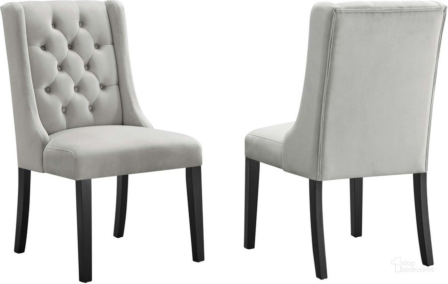 The appearance of Baronet Performance Velvet Dining Chair Set Of 2 In Light Gray designed by Modway in the modern / contemporary interior design. This light gray piece of furniture  was selected by 1StopBedrooms from Baronet Collection to add a touch of cosiness and style into your home. Sku: EEI-5013-LGR. Material: Wood. Product Type: Dining Chair. Image1