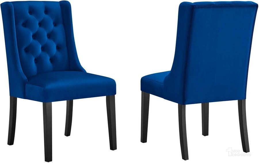 The appearance of Baronet Performance Velvet Dining Chair Set Of 2 In Navy designed by Modway in the modern / contemporary interior design. This navy piece of furniture  was selected by 1StopBedrooms from Baronet Collection to add a touch of cosiness and style into your home. Sku: EEI-5013-NAV. Material: Wood. Product Type: Dining Chair. Image1