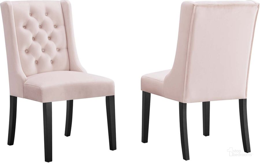 The appearance of Baronet Performance Velvet Dining Chair Set Of 2 In Pink designed by Modway in the modern / contemporary interior design. This pink piece of furniture  was selected by 1StopBedrooms from Baronet Collection to add a touch of cosiness and style into your home. Sku: EEI-5013-PNK. Material: Wood. Product Type: Dining Chair. Image1