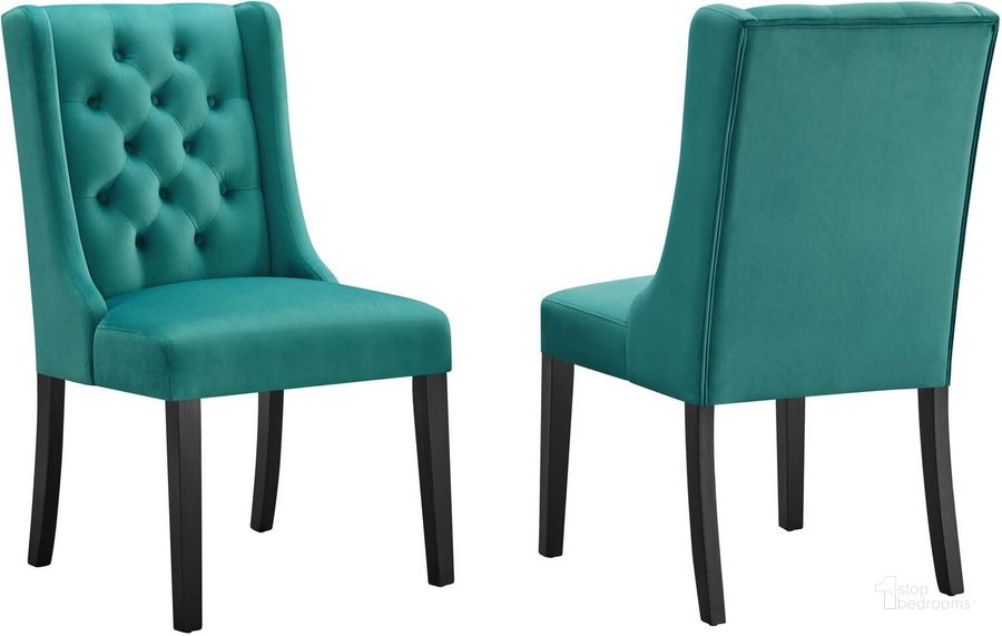 The appearance of Baronet Performance Velvet Dining Chair Set Of 2 In Teal designed by Modway in the modern / contemporary interior design. This teal piece of furniture  was selected by 1StopBedrooms from Baronet Collection to add a touch of cosiness and style into your home. Sku: EEI-5013-TEA. Material: Wood. Product Type: Dining Chair. Image1