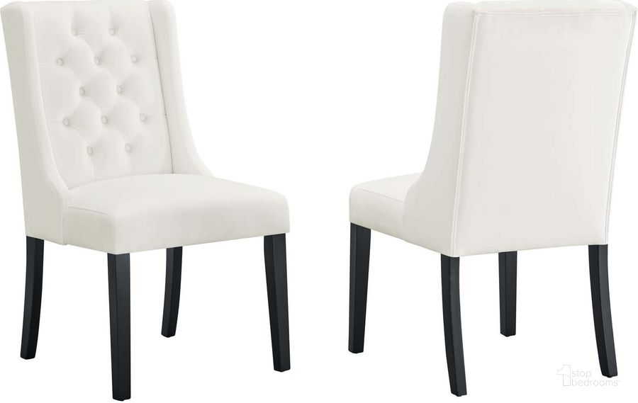 The appearance of Baronet Performance Velvet Dining Chair Set Of 2 In White designed by Modway in the modern / contemporary interior design. This white piece of furniture  was selected by 1StopBedrooms from Baronet Collection to add a touch of cosiness and style into your home. Sku: EEI-5013-WHI. Material: Wood. Product Type: Dining Chair. Image1