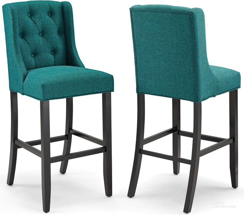 The appearance of Baronet Teal Bar Stool Upholstered Fabric Set of 2 designed by Modway in the modern / contemporary interior design. This teal piece of furniture  was selected by 1StopBedrooms from Baronet Collection to add a touch of cosiness and style into your home. Sku: EEI-4022-TEA. Material: MDF. Product Type: Barstool. Image1