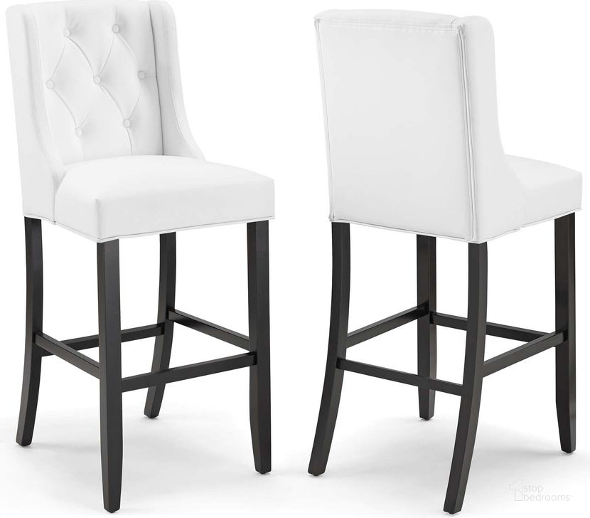 The appearance of Baronet White Bar Stool Faux Leather Set of 2 designed by Modway in the modern / contemporary interior design. This white piece of furniture  was selected by 1StopBedrooms from Baronet Collection to add a touch of cosiness and style into your home. Sku: EEI-4023-WHI. Material: MDF. Product Type: Barstool. Image1