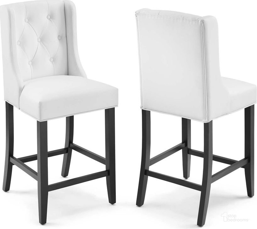 The appearance of Baronet White Counter Bar Stool Faux Leather Set of 2 designed by Modway in the modern / contemporary interior design. This white piece of furniture  was selected by 1StopBedrooms from Baronet Collection to add a touch of cosiness and style into your home. Sku: EEI-4021-WHI. Material: Wood. Product Type: Barstool. Image1