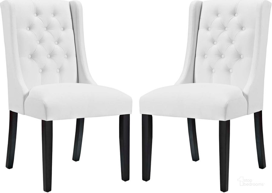 The appearance of Baronet White Dining Chair Vinyl Set of 2 designed by Modway in the modern / contemporary interior design. This white piece of furniture  was selected by 1StopBedrooms from Baronet Collection to add a touch of cosiness and style into your home. Sku: EEI-3555-WHI. Product Type: Dining Chair. Material: Plywood. Image1
