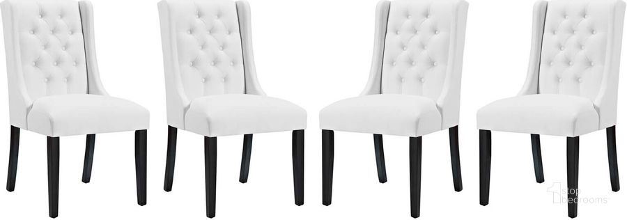 The appearance of Baronet White Dining Chair Vinyl Set of 4 designed by Modway in the modern / contemporary interior design. This white piece of furniture  was selected by 1StopBedrooms from Baronet Collection to add a touch of cosiness and style into your home. Sku: EEI-3556-WHI. Product Type: Dining Chair. Material: Plywood. Image1