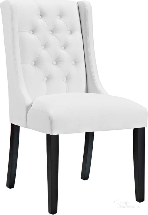 The appearance of Baronet White Vinyl Dining Chair EEI-2234-WHI designed by Modway in the modern / contemporary interior design. This white piece of furniture  was selected by 1StopBedrooms from Baronet Collection to add a touch of cosiness and style into your home. Sku: EEI-2234-WHI. Material: Wood. Product Type: Dining Chair. Image1