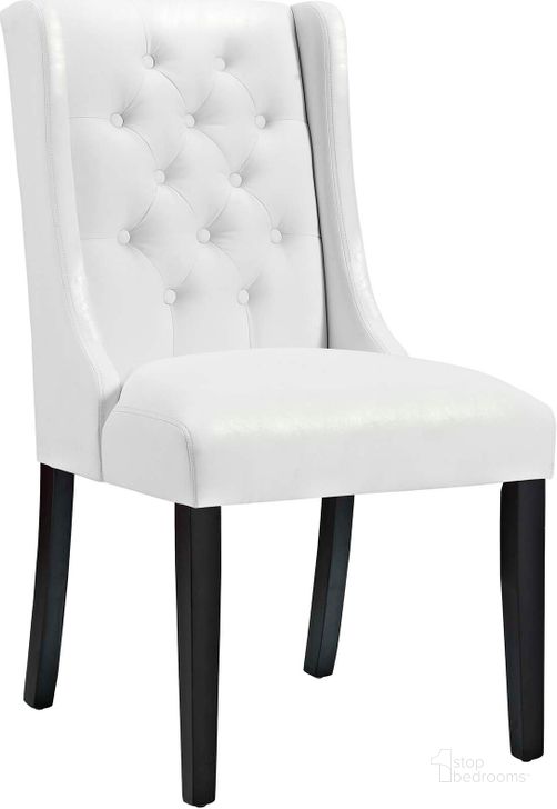 The appearance of Baronet White Vinyl Dining Chair EEI-3923-WHI designed by Modway in the modern / contemporary interior design. This white piece of furniture  was selected by 1StopBedrooms from Baronet Collection to add a touch of cosiness and style into your home. Sku: EEI-3923-WHI. Material: Wood. Product Type: Dining Chair. Image1