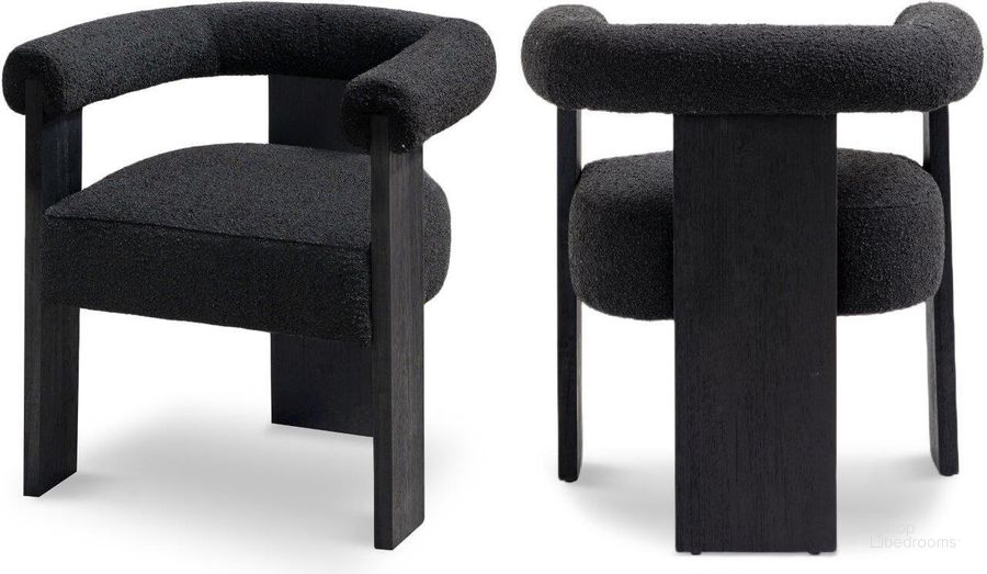 The appearance of Barrel Black Boucle Fabric Dining Chair 565Black-C designed by Meridian in the transitional interior design. This black piece of furniture  was selected by 1StopBedrooms from Barrel Collection to add a touch of cosiness and style into your home. Sku: 565Black-C. Product Type: Dining Chair. Material: Rubberwood. Image1