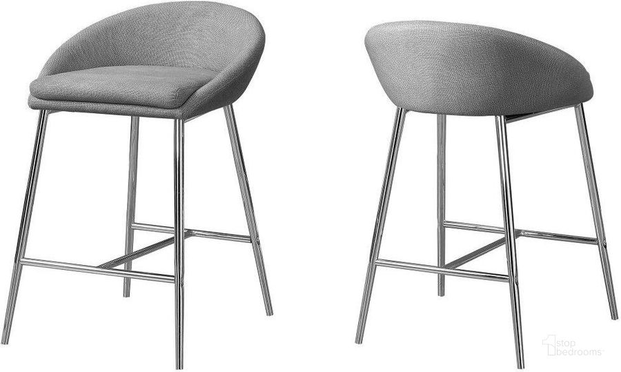 The appearance of Barstool Set Of 2 Grey Fabric Chrome Counter Height designed by Monarch Specialties in the modern / contemporary interior design. This grey piece of furniture  was selected by 1StopBedrooms from  to add a touch of cosiness and style into your home. Sku: I 2298. Material: MDF. Product Type: Barstool. Image1