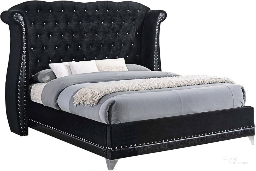 The appearance of Barzini Black Upholstered King Platform Bed designed by Coaster in the modern / contemporary interior design. This black piece of furniture  was selected by 1StopBedrooms from Barzini Collection to add a touch of cosiness and style into your home. Sku: 300643KEB1;300643KEB2;300643KEB3. Bed Type: Platform Bed. Product Type: Platform Bed. Bed Size: King. Material: Velvet. Image1