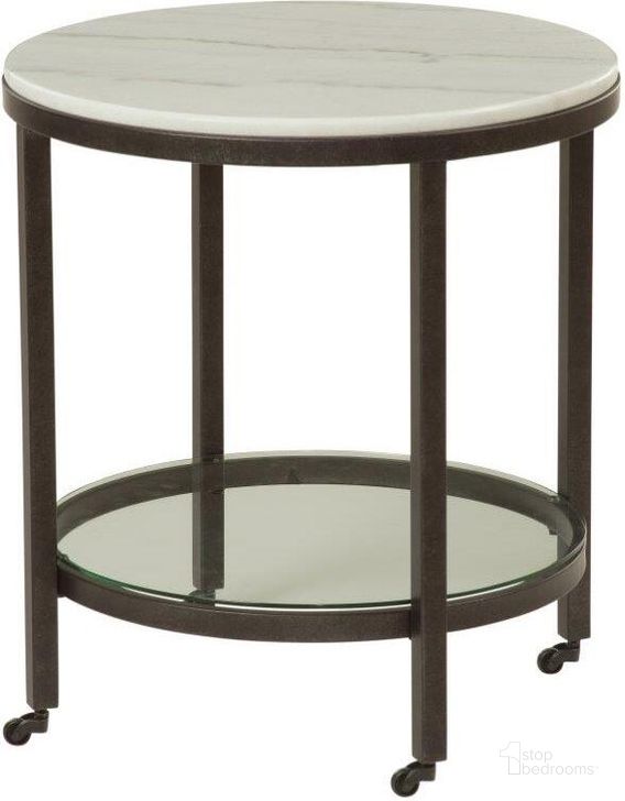 The appearance of Whitman Bronze Round End Table designed by Bassett Mirror Company in the transitional interior design. This bronze piece of furniture  was selected by 1StopBedrooms from Whitman Collection to add a touch of cosiness and style into your home. Sku: 1112-LR-220. Material: Marble. Product Type: End Table.