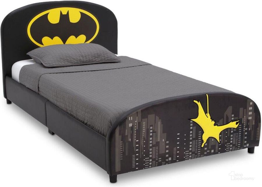 The appearance of Batman Upholstered Twin Bed designed by Delta Children in the modern / contemporary interior design. This black faux leather piece of furniture  was selected by 1StopBedrooms from  to add a touch of cosiness and style into your home. Sku: BB87151BT-1200. Material: Wood. Bed Size: Twin. Product Type: Kids Bed. Image1