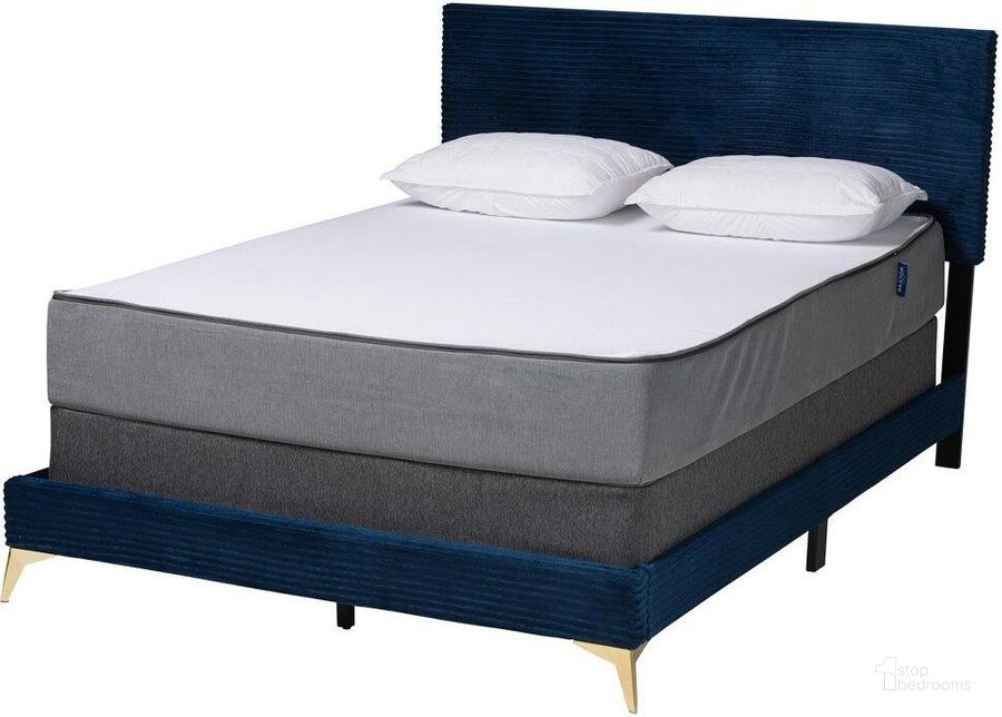The appearance of Baxton Studio Abberton Modern And Contemporary Navy Blue Velvet And Gold Metal Queen Size Panel Bed designed by Baxton Studio in the modern / contemporary interior design. This navy blue piece of furniture  was selected by 1StopBedrooms from Abberton Collection to add a touch of cosiness and style into your home. Sku: Abberton-Navy Blue Velvet-Queen. Bed Type: Panel Bed. Product Type: Panel Bed. Bed Size: Queen. Material: Rubberwood. Image1