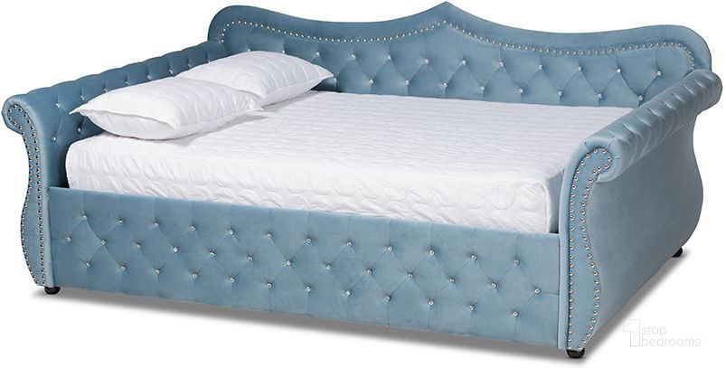 The appearance of Baxton Studio Abbie Traditional and Transitional Light Blue Velvet Fabric Upholstered and Crystal Tufted Full Size Daybed designed by Baxton Studio in the traditional interior design. This light blue piece of furniture  was selected by 1StopBedrooms from Abbie Collection to add a touch of cosiness and style into your home. Sku: Abbie-Light Blue Velvet-Daybed-Full. Bed Type: Daybed. Material: Polyester. Product Type: DayBed. Bed Size: Full. Image1