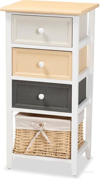 The appearance of Baxton Studio Adonis Mid-Century Modern Transitional Multi-Colored Wood 3-Drawer Storage Unit With Basket designed by Baxton Studio in the transitional interior design. This multi piece of furniture  was selected by 1StopBedrooms from Adonis Collection to add a touch of cosiness and style into your home. Sku: 1804-3DW/1 Basket. Product Type: Storage Unit. Material: MDF. Image1