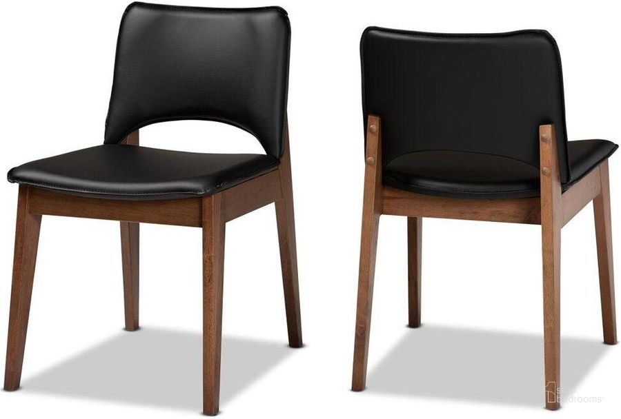 The appearance of Baxton Studio Afton Mid-Century Modern Black Faux Leather Upholstered And Walnut Brown Finished Wood 2-Piece Dining Chair Set designed by Baxton Studio in the transitional interior design. This walnut piece of furniture  was selected by 1StopBedrooms from Afton Collection to add a touch of cosiness and style into your home. Sku: RDC827-Black/Walnut-DC. Product Type: Dining Chair. Material: MDF. Image1