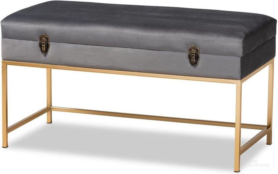 The appearance of Baxton Studio Aliana Glam And Luxe Grey Velvet Fabric Upholstered And Gold Finished Metal Large Storage Ottoman designed by Baxton Studio in the glam interior design. This grey and gold piece of furniture  was selected by 1StopBedrooms from Aliana Collection to add a touch of cosiness and style into your home. Sku: JY19B-051L-Grey Velvet/Gold-Otto. Product Type: Ottoman. Material: MDF. Image1