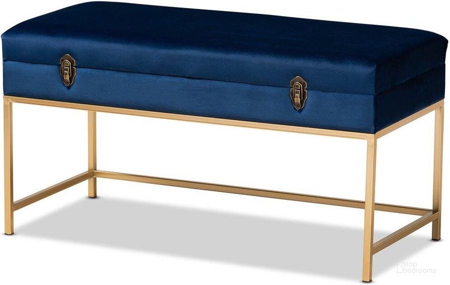 The appearance of Baxton Studio Aliana Glam And Luxe Navy Blue Velvet Fabric Upholstered And Gold Finished Metal Large Storage Ottoman designed by Baxton Studio in the glam interior design. This navy blue piece of furniture  was selected by 1StopBedrooms from Aliana Collection to add a touch of cosiness and style into your home. Sku: JY19B-051L-Navy Blue Velvet/Gold-Otto. Product Type: Ottoman. Material: MDF. Image1