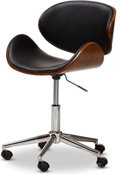 The appearance of Baxton Studio Ambrosio Modern And Contemporary Black Faux Leather Upholstered Chrome Finished Metal Adjustable Swivel Office Chair designed by Baxton Studio in the modern / contemporary interior design. This black piece of furniture  was selected by 1StopBedrooms from Ambrosio Collection to add a touch of cosiness and style into your home. Sku: T-4810-Walnut/Black. Product Type: Office Chair. Material: Plywood. Image1