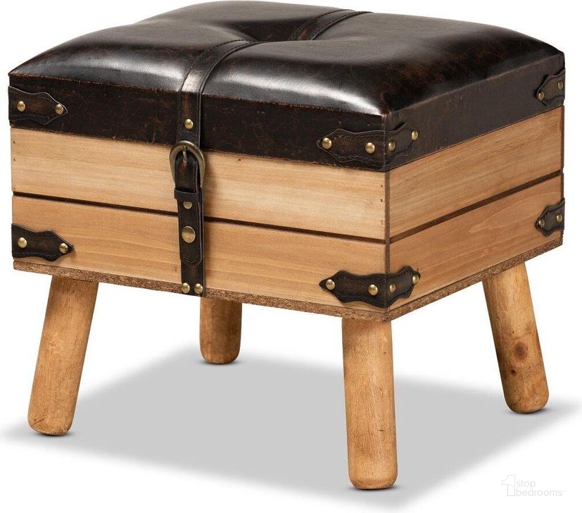 The appearance of Baxton Studio Amena Rustic Transitional Dark Brown Pu Leather Upholstered And Oak Finished Wood Small Storage Ottoman designed by Baxton Studio in the rustic / southwestern interior design. This brown piece of furniture  was selected by 1StopBedrooms from Amena Collection to add a touch of cosiness and style into your home. Sku: DE03A-5282-Brown-Otto-Small. Product Type: Ottoman. Material: MDF. Image1