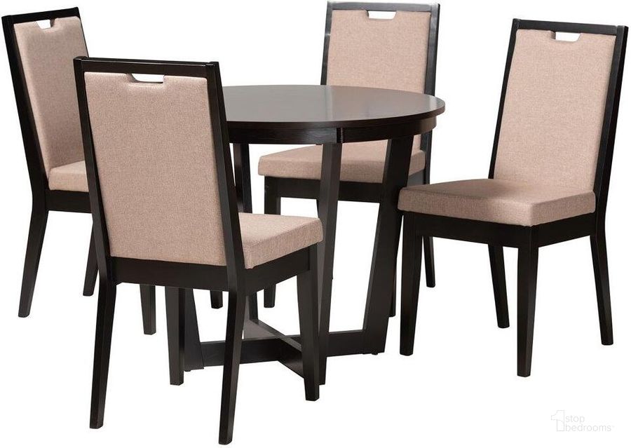 The appearance of Baxton Studio Ana Modern Beige Fabric and Dark Brown Finished Wood 5 Piece Dining Set designed by Baxton Studio in the modern / contemporary interior design. This beige brown piece of furniture  was selected by 1StopBedrooms from Ana Collection to add a touch of cosiness and style into your home. Sku: Ana-Sand/Dark Brown-5PC Dining Set. Product Type: Dining Room Set. Material: Rubberwood. Image1