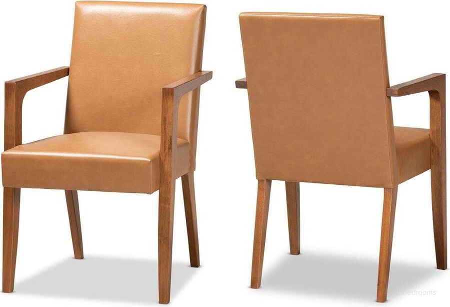 The appearance of Baxton Studio Andrea Mid Century Modern Tan Faux Leather Upholstered And Walnut Brown Finished Wood 2 Piece Armchair Set designed by Baxton Studio in the transitional interior design. This tan and walnut brown piece of furniture  was selected by 1StopBedrooms from Andrea Collection to add a touch of cosiness and style into your home. Sku: BBT5267-Tan/Walnut-Chair. Product Type: Arm Chair. Material: Rubberwood. Image1
