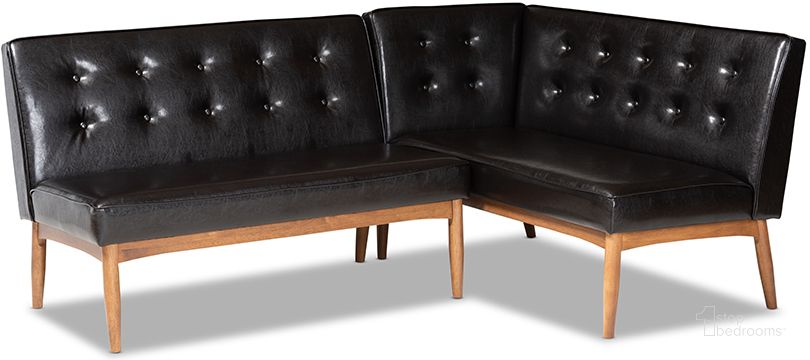 The appearance of Baxton Studio Arvid Mid-Century Modern Dark Brown Faux Leather Upholstered 2-Piece Wood Dining Corner Sofa Bench designed by Baxton Studio in the transitional interior design. This dark brown piece of furniture  was selected by 1StopBedrooms from Arvid Collection to add a touch of cosiness and style into your home. Sku: BBT8051-Dark Brown/Walnut-2PC SF Bench. Material: Faux Leather. Product Type: Dining Bench. Image1